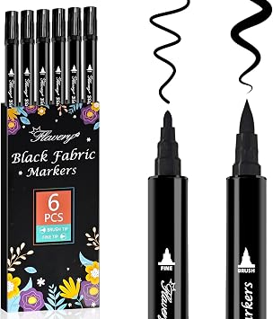 Black Fabric Markers 6 Pack - Dual Tip Fabric Markers for Clothes, Permanent Textile Paint Pens for Personalizing T-Shirts, Bags, Hats, Canvas
