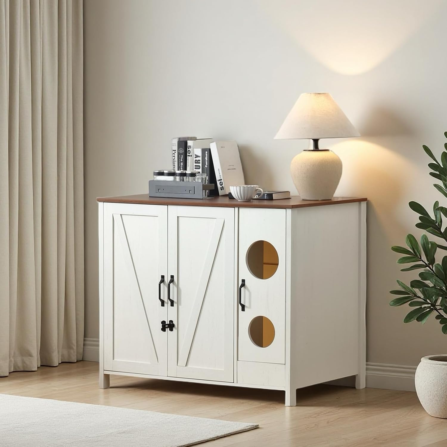 Large Litter Box Enclosure with Cat-Exclusive Dog-Proof Entrance, Litter Cabinet with Power Outlet and Litter Collector, for Placing Cat Robot 3/4 (Antique White)