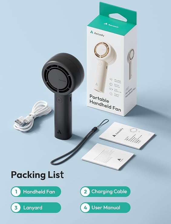 Aecooly Taşınabilir Taşınabilir Turbo Fan [16H Maksimum Soğutma Süresi], 5 Hızlı USB Şarj Edilebilir Mini Kişisel Pille Çalışan Küçük Cep Soğutma Fanı Kadınlar, Seyahat, Ev, Ofis, Plaj, Kirpik için