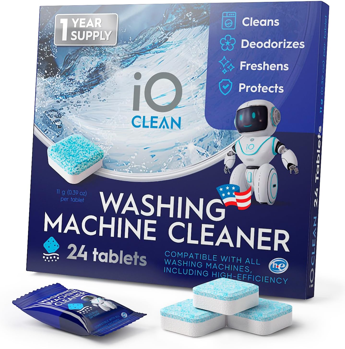 iO CLEAN Washing Machine Cleaner Descaler Tablets, 24 Count (1 Year Supply) – Deep Clean Washer Cleaner Tablets for HE Front Load & Top Load – Unscented Washing Machine Descaler for Odor Control