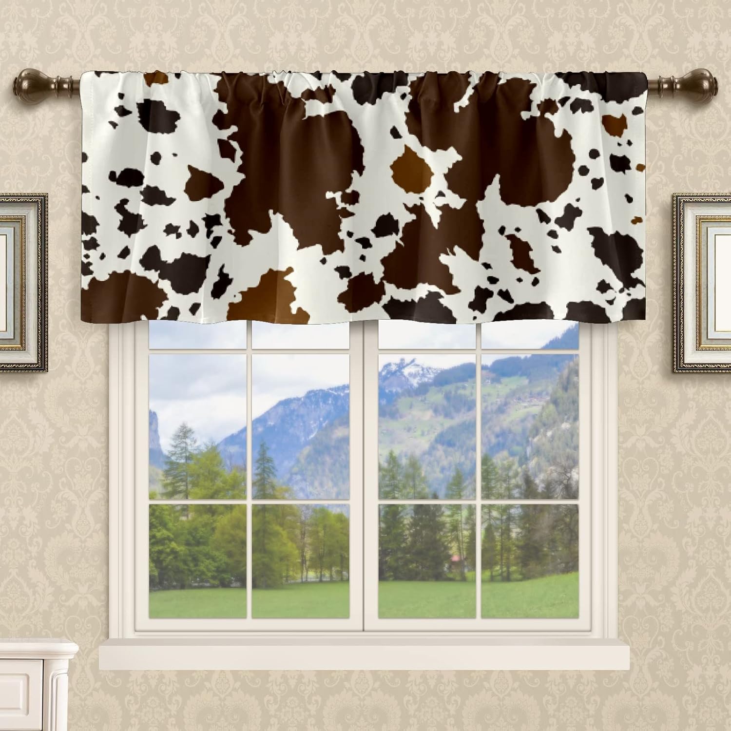 Western Brown Black Cow Print Window Valance Curtains Blackout Curtain Lined Rod Pocket for Kitchen Bathroom Living Room Decor 18x52 Inches