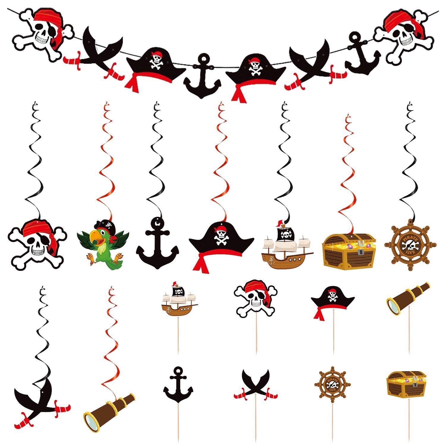 Ejufns Boys Color 1 Set Of Pirate-Themed Decorations, Hanging Spiral Charms, Birthday Cake Placards, Skull Flags, ' Party Decoration Supplies.