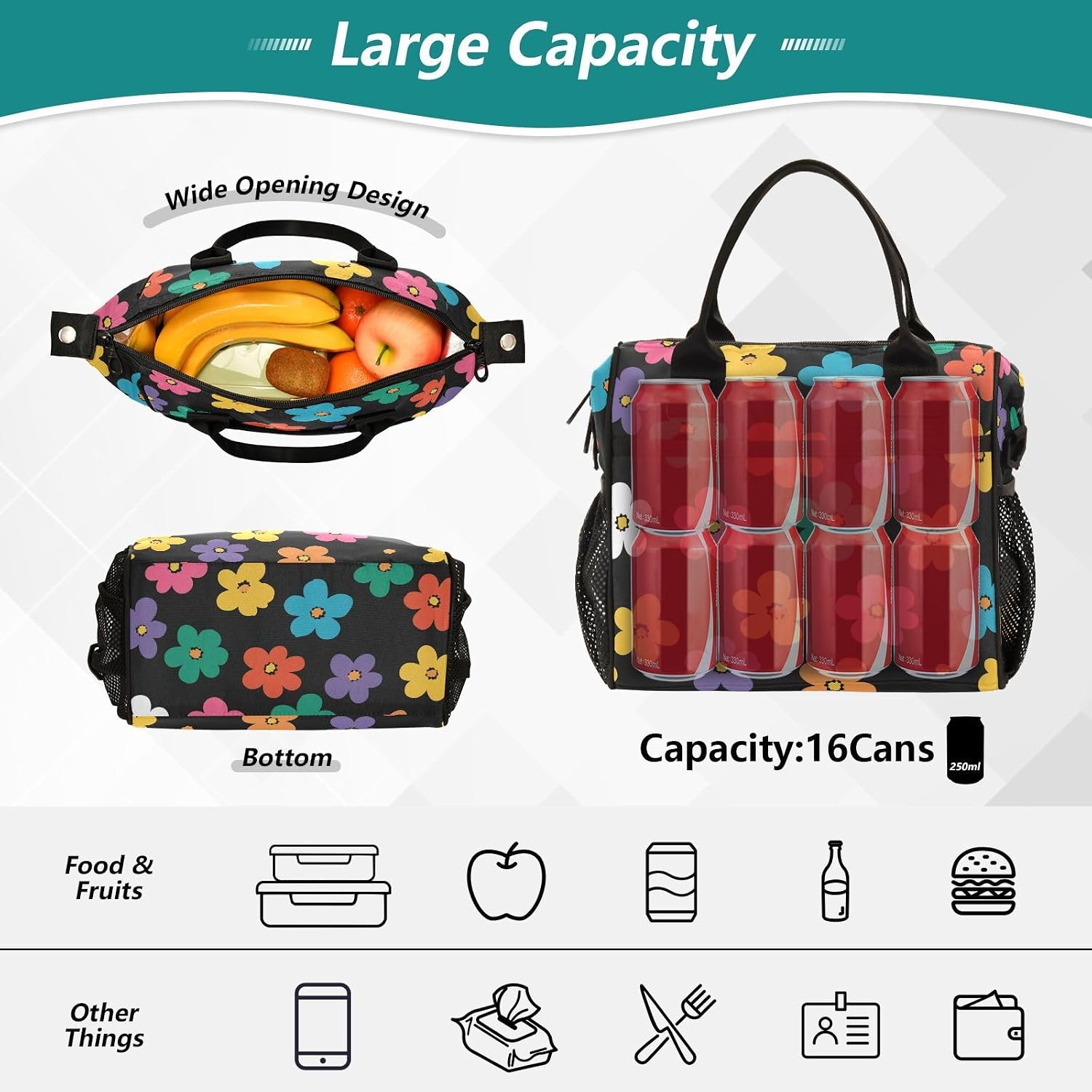 Aslsiy Girls Lunch Bag Retro Colorful Flowers Kids Insulated Lunch Bags Women Tote Bag for Office School M