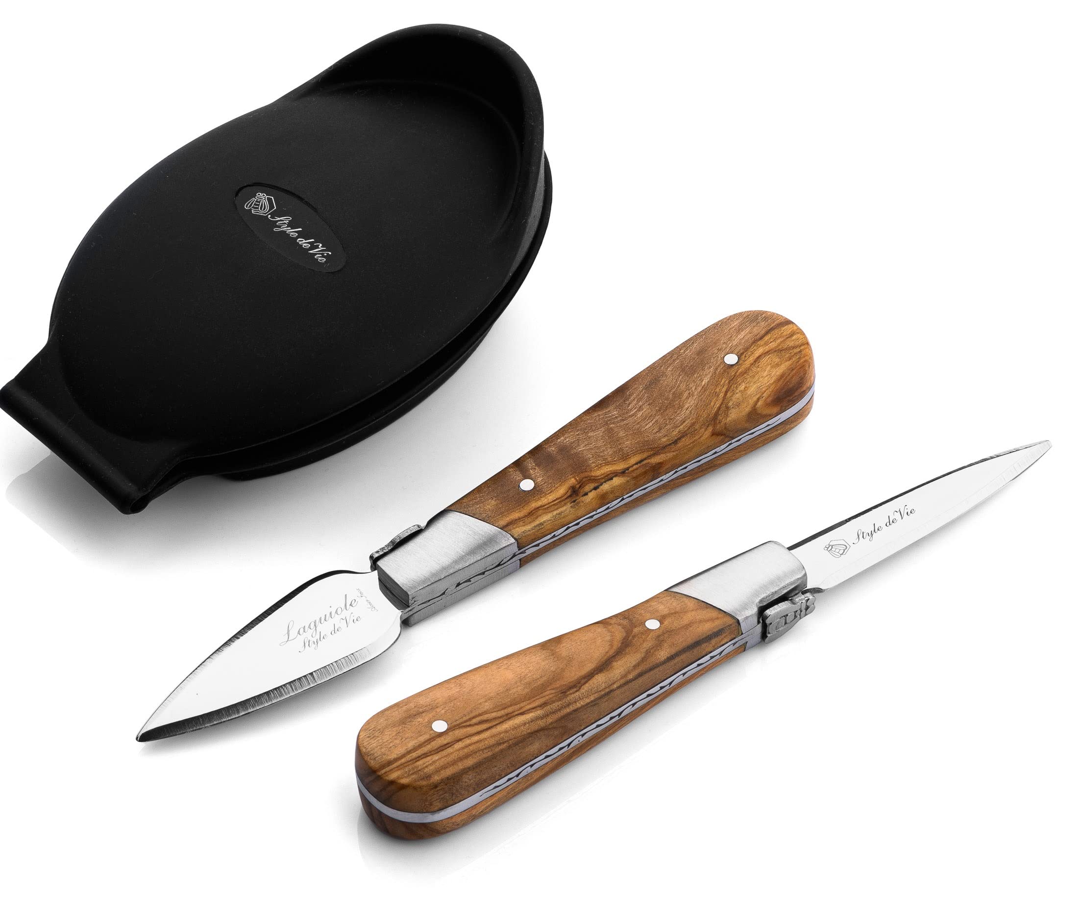 Laguiole Style de Vie Oyster set de regalo de madera de oliva con soporte de ostras de silicona