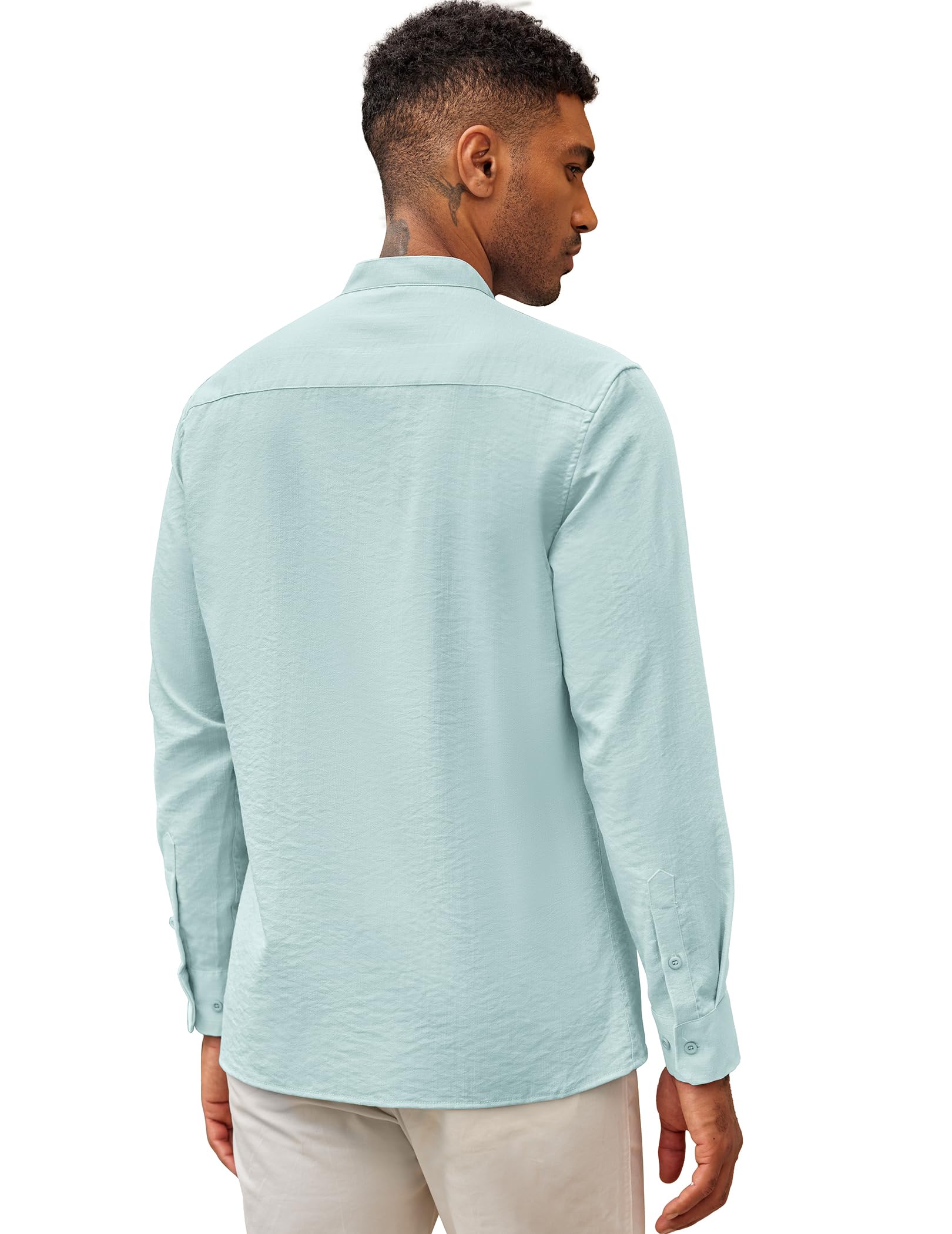 Coofandy Camicie da Uomo Cubana Guayabera Casual a Maniche Lunghe con Bottoni Camicie con Colletto a Fascia Camicie estive da Spiaggia in Lino