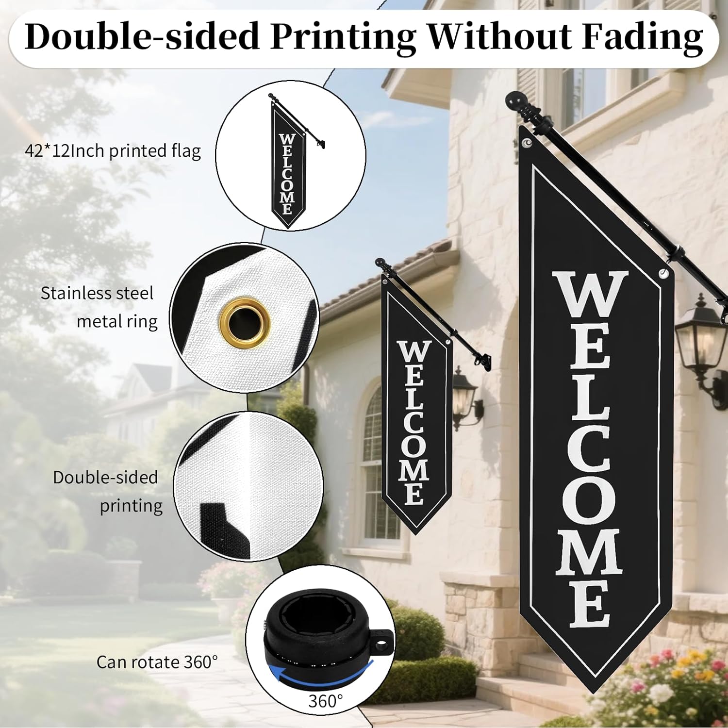 Heavy Duty Double Sided Welcome Flag Kit – 42x13" Outdoor Canvas Banner with Pole & Metal Bracket – Business Storefront Sign for Retail, Shop, or Restaurant Marketing Display (Black)