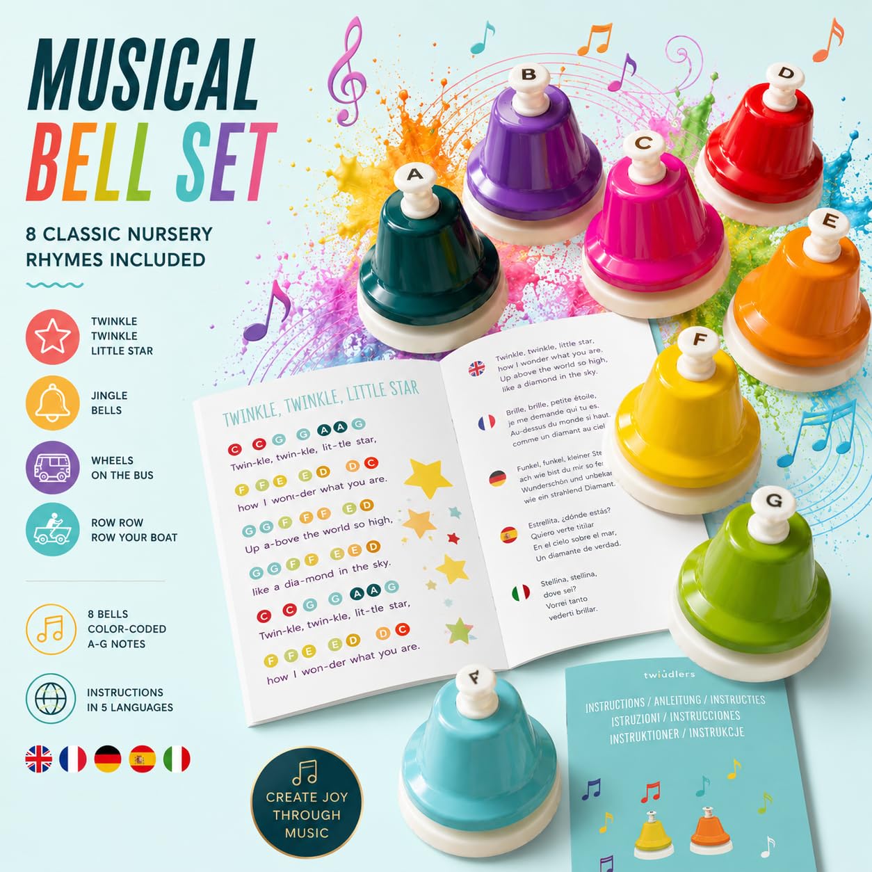 THE TWIDDLERS Buntes 8-Noten Handglockenset mit Notenheft & Geschenkbox - Regenbogenfarben Handglocke Musik für Babys & Kinder