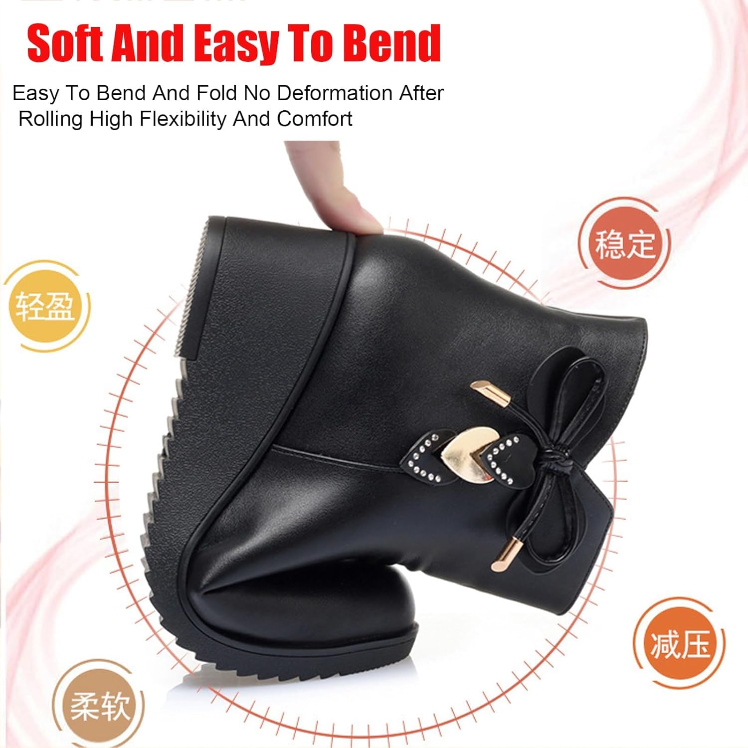 Women'S Leather Wedge Booties Fashion Rhinestones Bow Warm Fully Fur Lined Non-Slip Side Zipper Platform Snow Boot