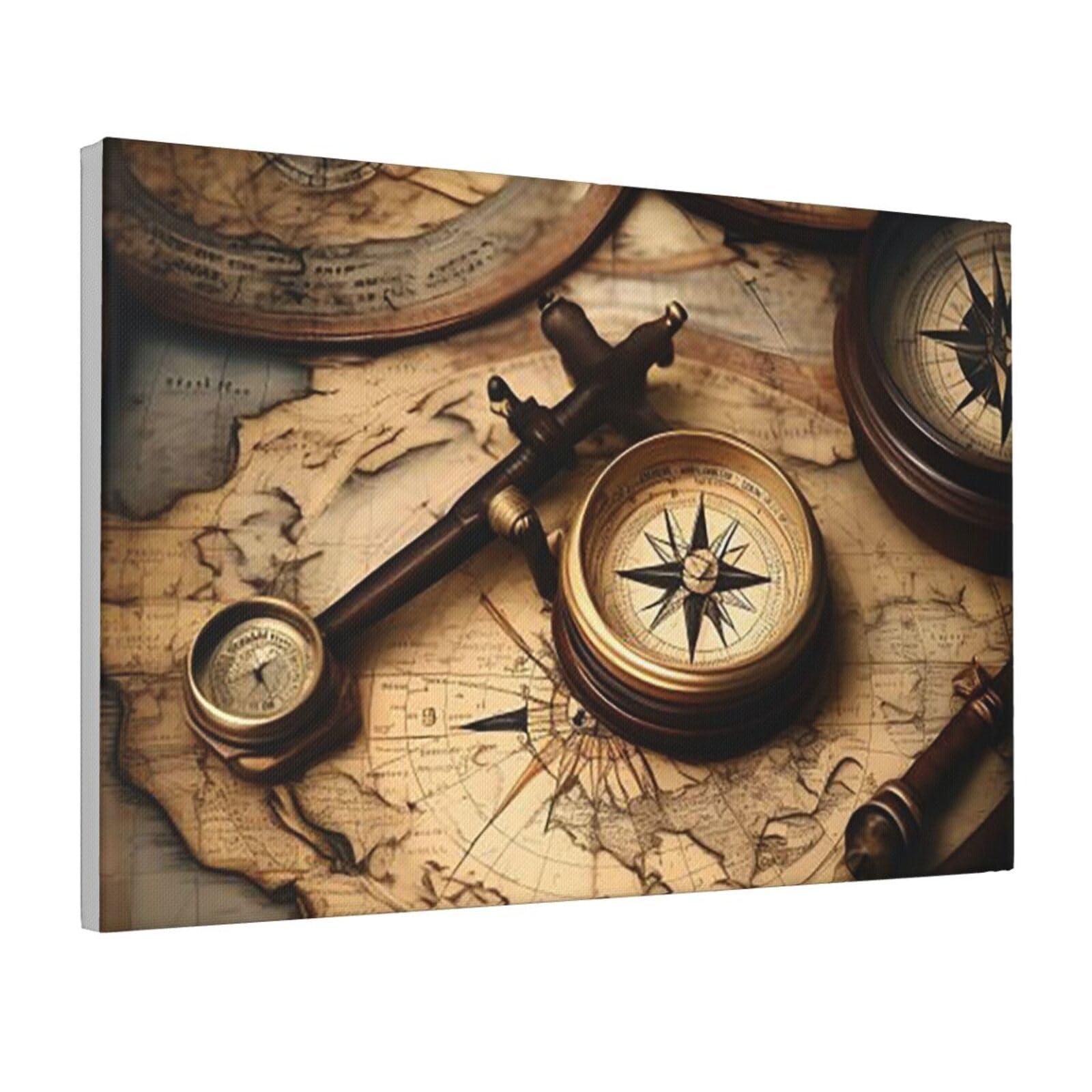 Framed Wall Art for Living Room Art Work, Compass and Old World Map Picture Prints Modern Office Wall Paintings Poster Aesthetic Wall Decorations for Home Decor Ready To Hang 8"x12"