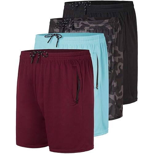 Real Essentials 4 Pack: Men's Mesh 7"/ 5"/ 3" Athletic Zipper Shorts Workout Gym Running Basketball (Big and Tall Available)
