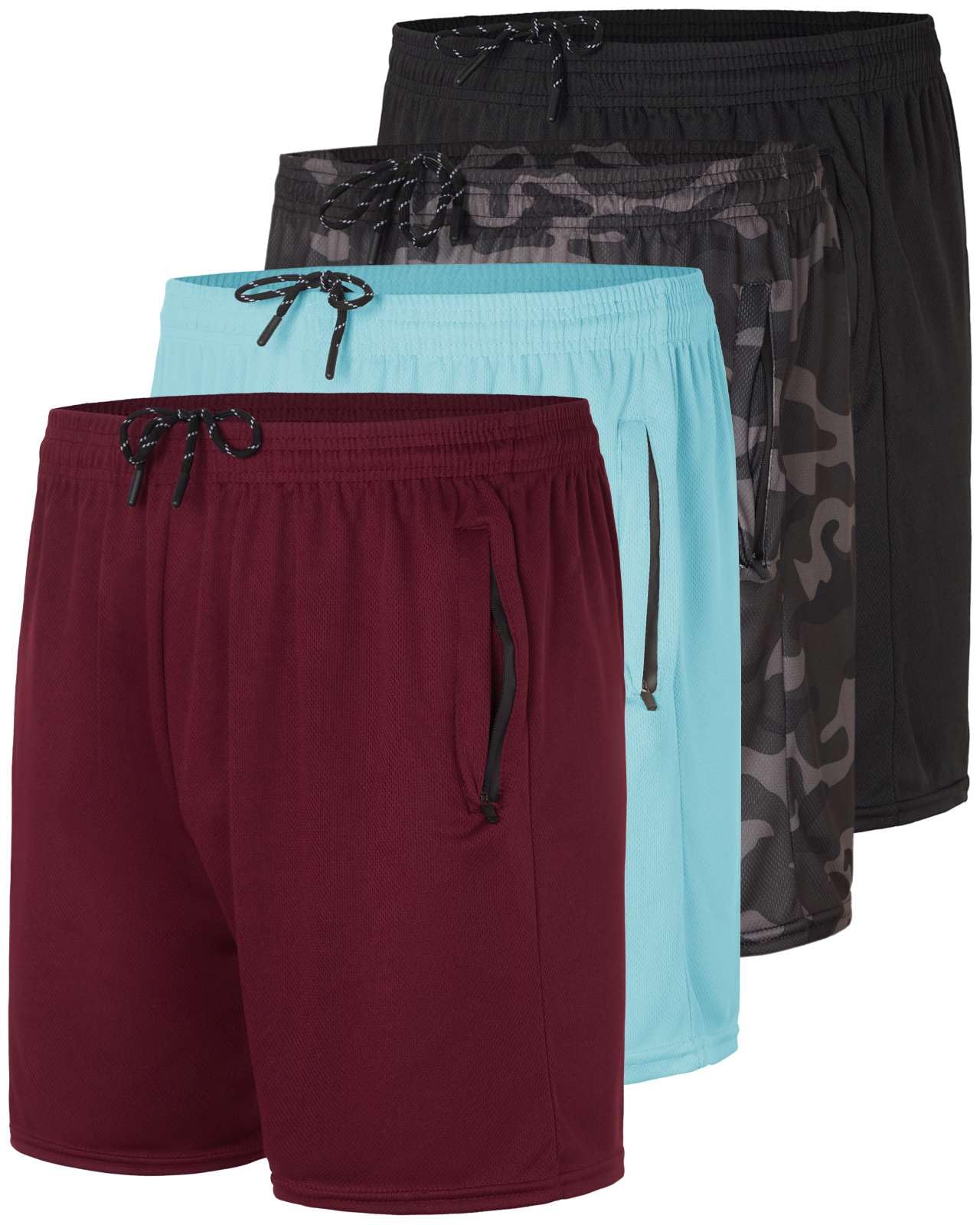 Real Essentials Set de 4 pantalones cortos deportivos de malla para hombre con cremallera, 12,7 cm, para entrenamiento, gimnasio, correr y baloncesto, disponible en tallas grandes y largos especiales