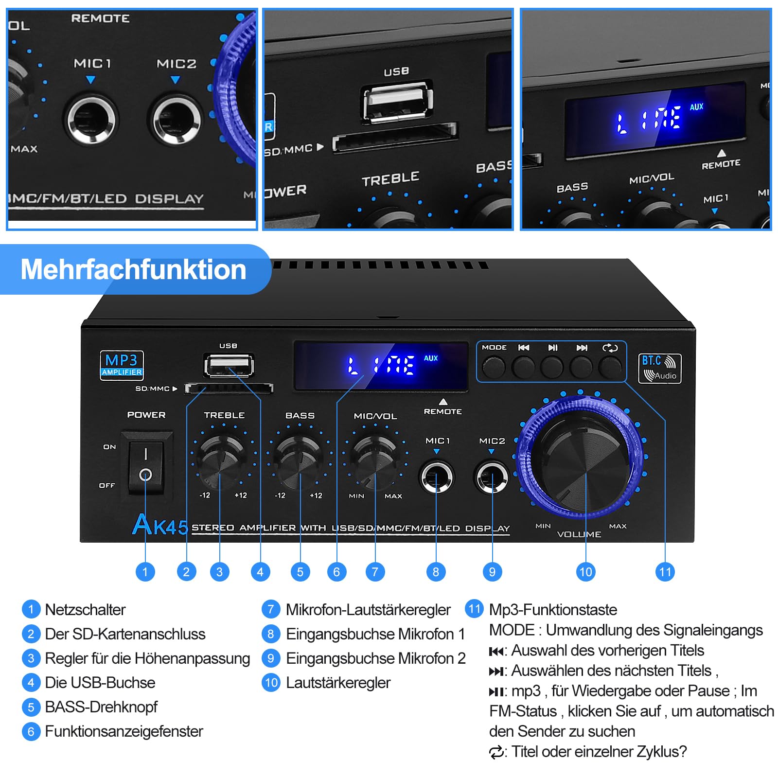 Amplificador de Audio HiFi Siekkey con Bluetooth, Mini Amplificador Estéreo 2.0 Canales 400W X 2, Radio FM, BT, Mic, Entrada SD/USB, Cable de Audio para Home Cinema | Amplificador 2.0 canales 400W x 2 con radio FM, BT MIC, entrada SD/USB, cable de audio p