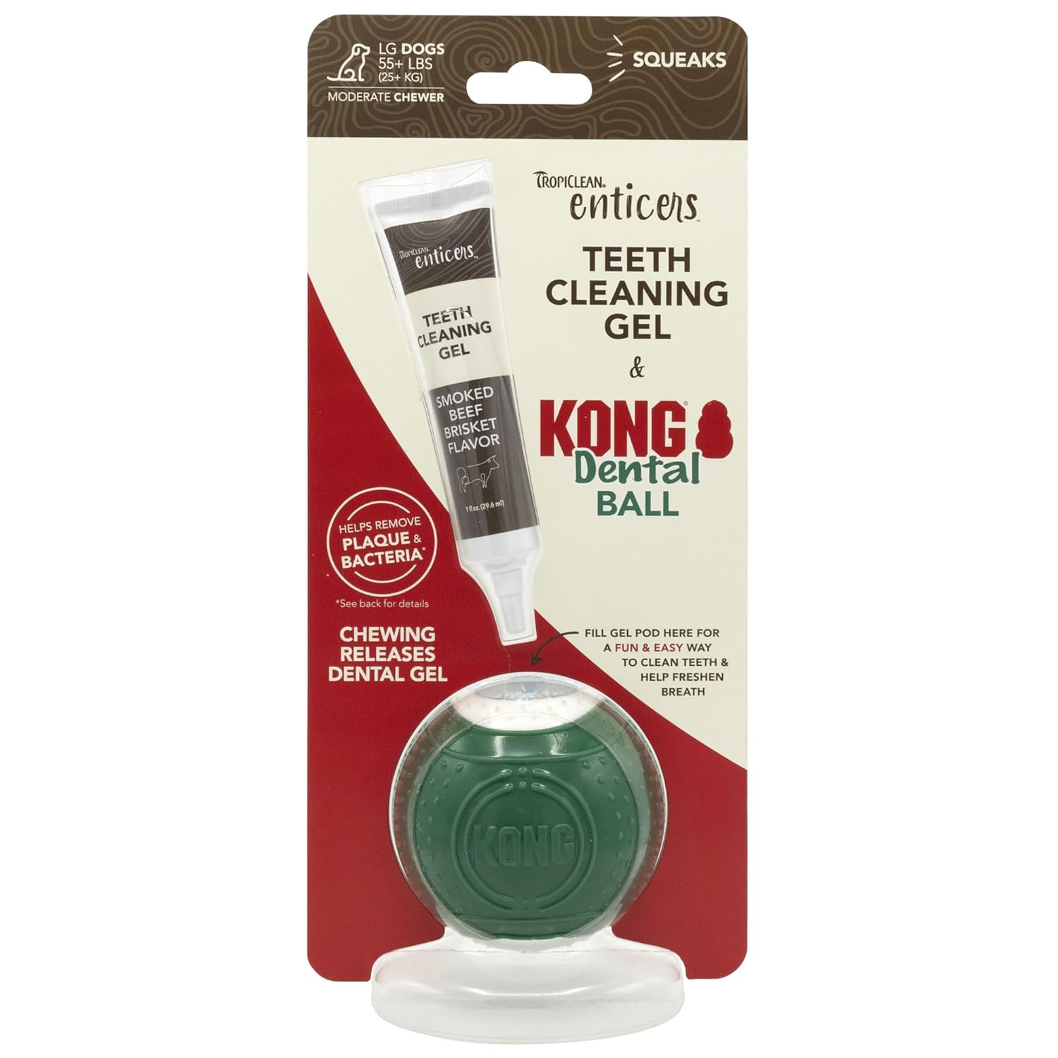 TropiClean Enticers Kong Dental Ball Kit for Large Dogs Teeth Cleaning Gel Smoked Beef Brisket Flavor 1 oz