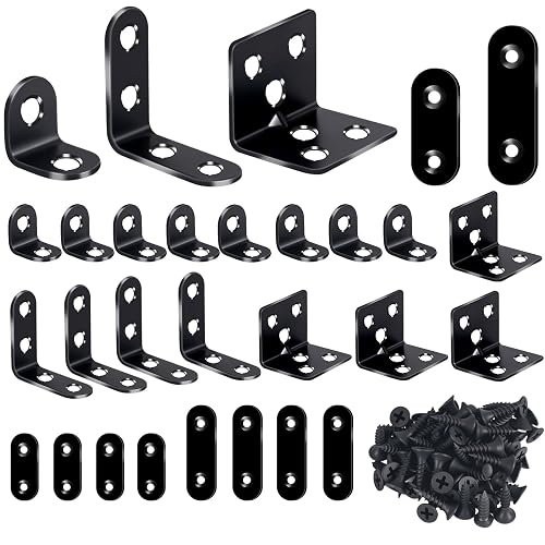 KKABBVX 24PCS Stainless Steel L Brackets, Heavy Duty Corner Braces for Wood Furniture & Shelves, 5-Size Black Metal Angle Brackets with Screws(0.79/1.2/1.4/1.57/1.97inch)