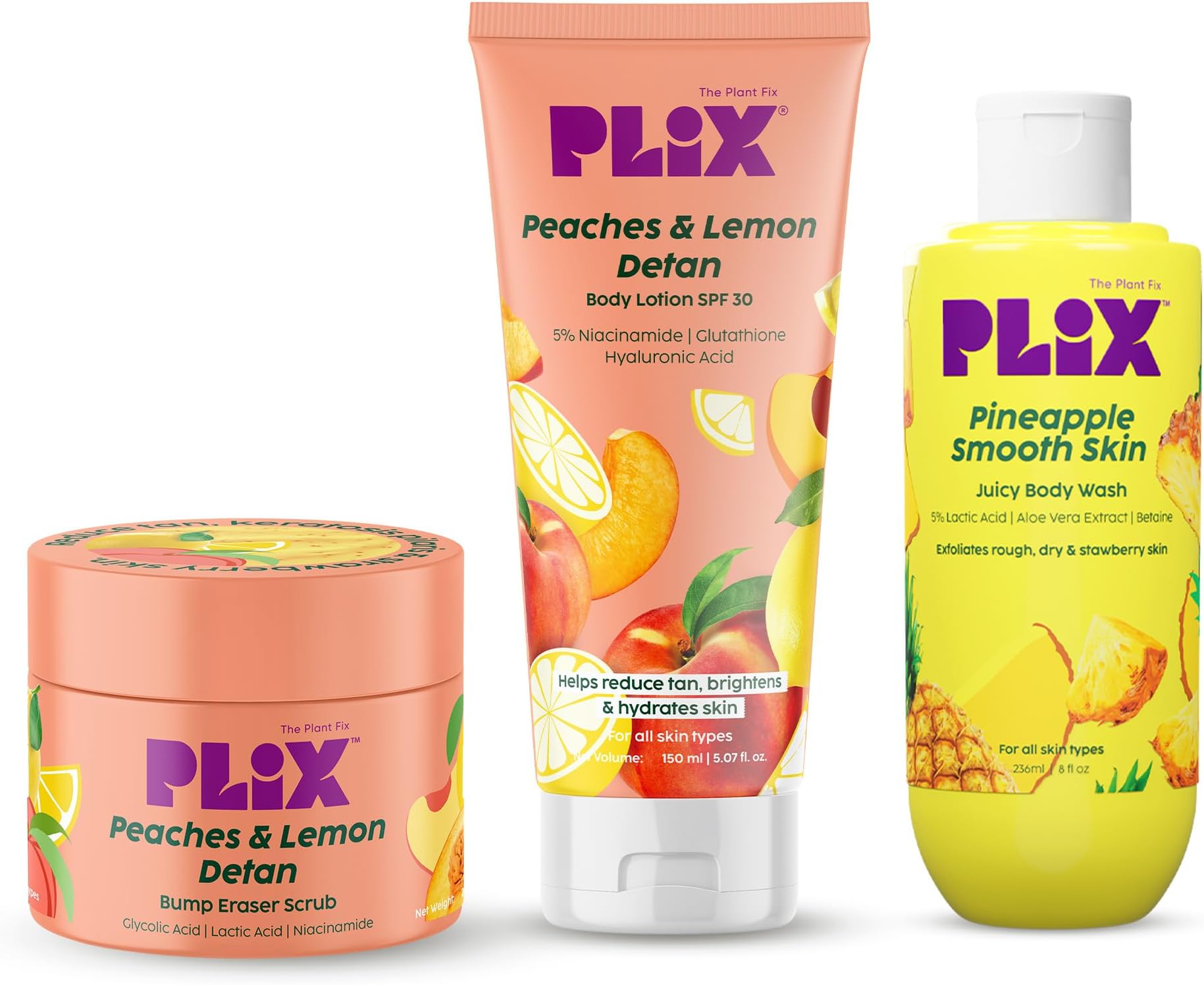 Peaches & Lemon Detan Bump Eraser Scrub (200g), Body Lotion SPF 30 (150ml), & Pineapple Smooth Skin Juicy Body Wash (236ml) | Removes Tan, & Smoothens Strawberry Skin