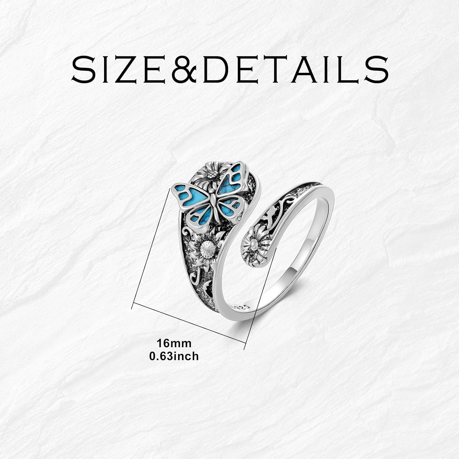 PEIMKO 925 Sterling Silver Turquoise Butterfly/Dragonfly/Bees/Ladybug Spoon Ring Vintage Sunflower Oxidized Wrap Adjustable Ring Floral Boho Style Jewelry Gifts for Women Mother