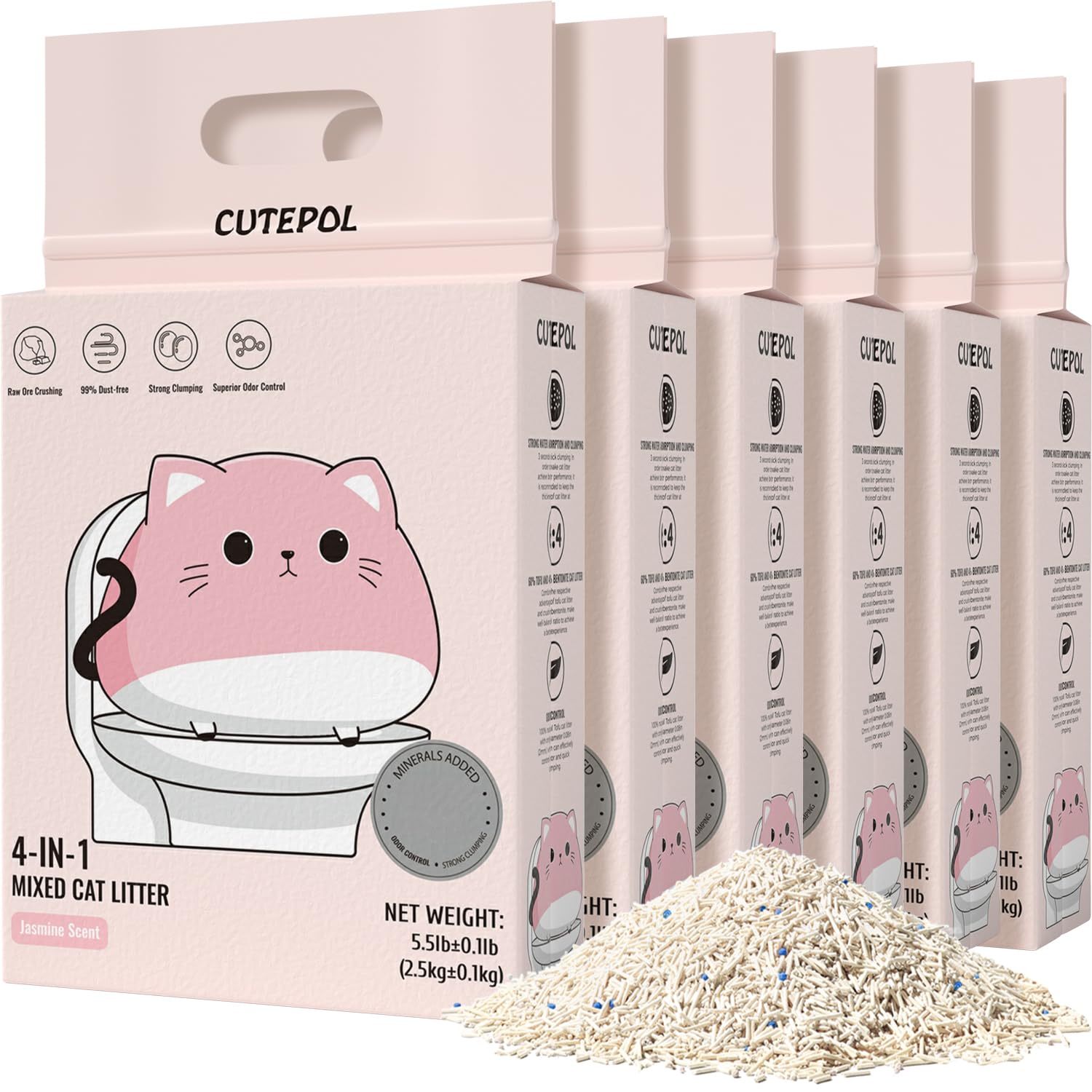 Cutepol Mixed 4-in-1 Clumping Cat Litter 33 lb, Odor Control and Rapid Clumping, Water Absorbent and Flushable, Dust-Free, Multi-Cat, Bentonite Tofu Cat Litter, Jasmine Scent, 5.5lb/Pack