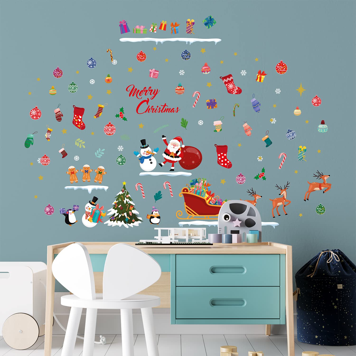 WALPLUS 180x100cm Christmas Combo Decorations Wall Stickers Merry Christmas from Santa and Friends Wall Art Window Display Clings Display Decals Living Room Living Room Bedroom DIY - Image 2