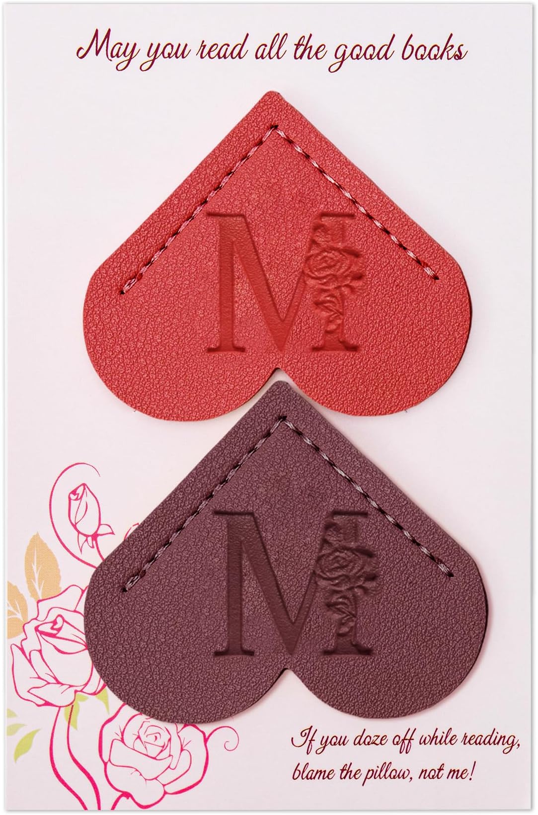 2Pcs Personalized Heart Leather Cute Bookmarks, Custom Initial Bookmarks Corner Book Mark Reading Accessories Christmas Mini Gifts Stocking Stuffers for Women Readers Book Lovers Teachers, M