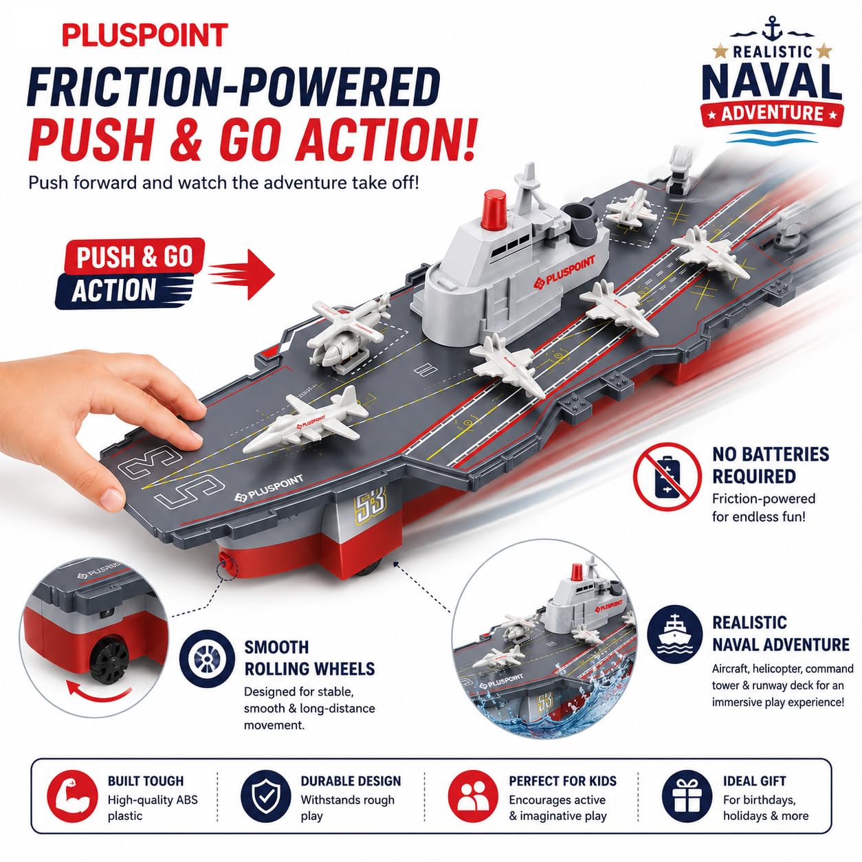 PLUSPOINT Big Aircraft Carrier Friction Powered Push n go with Water Spray Function Simulation Army Ship Warship Weapon Toy Military Vehicles Play Set Battleship Planes Fighter Jet 3