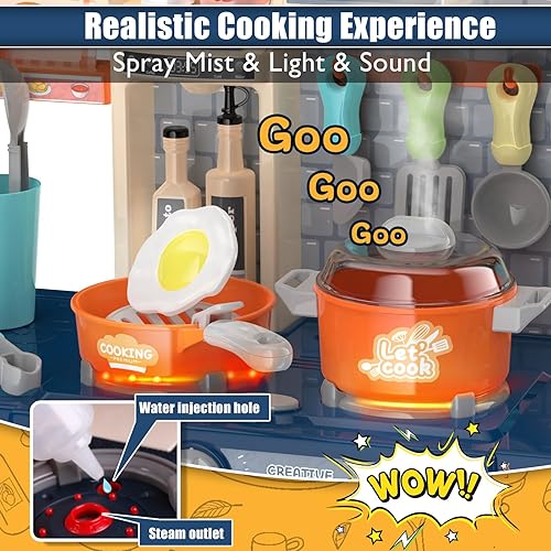 Miniatura 5 de Juego de cocina para niños pequeños, juego de cocina para niños pequeños, juguetes para niñas con estufa de cocina, vapor, fregadero y alimentos,