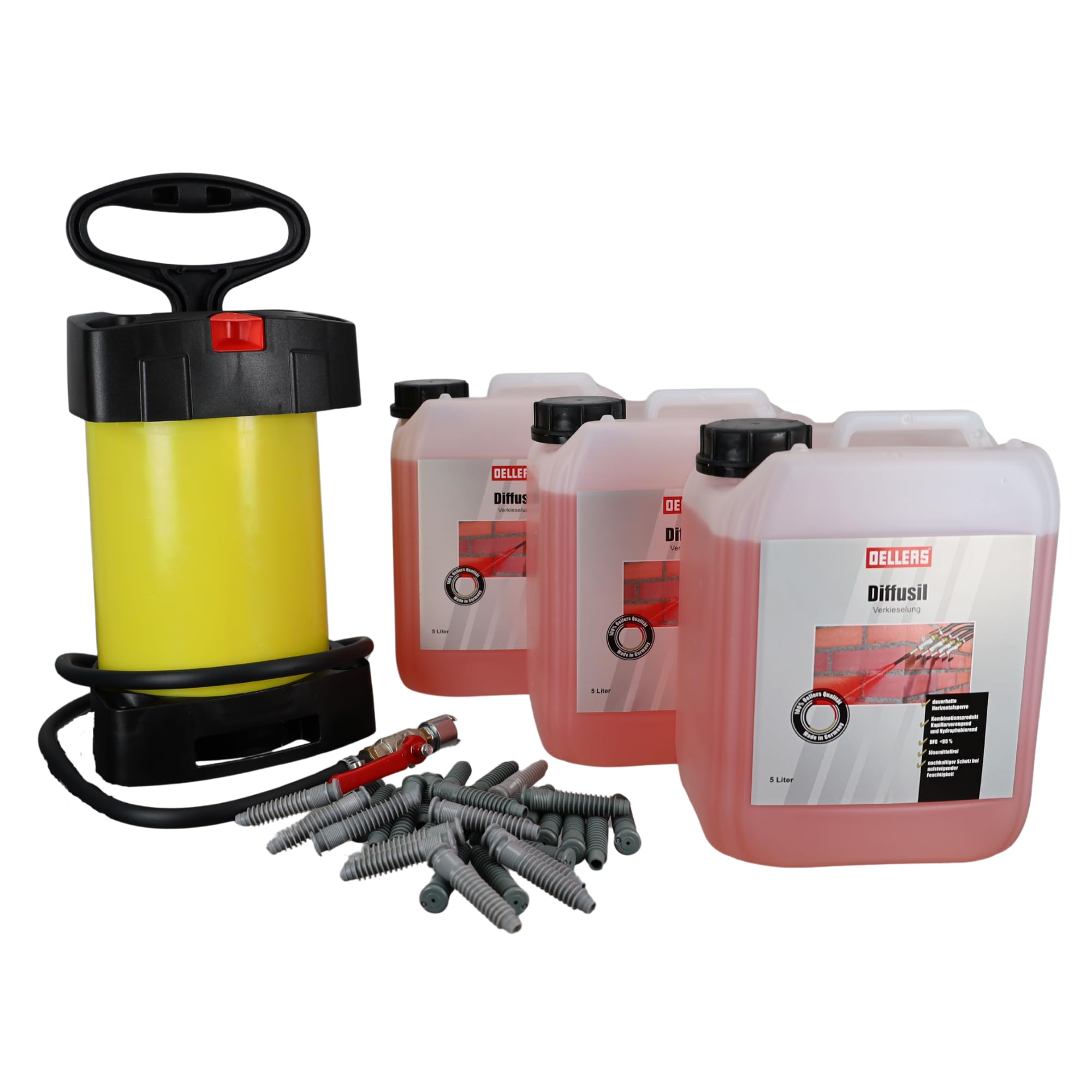 OELLERS Horizontalsperre Set 3x5L Diffusil Injektionsflüssigkeit gegen aufsteigende Feuchtigkeit mit Pumpe