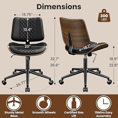 Miniatura 2 de Silla de oficina en casa con ruedas, silla de escritorio sin brazos, altura ajustable con soporte lumbar, rodillo giratorio, respaldo moderno de