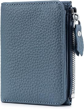 Small Wallet for Women, RFID Blocking Genuine Leather Bifold Zipper Pocket Wallet Credit Card Holder, Small Womens Wallet Purse with ID Window Navy Blue