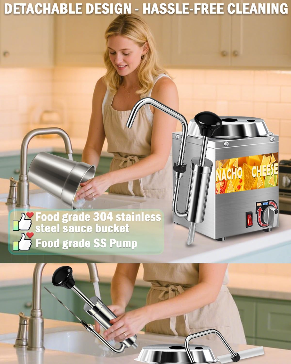 Nacho Cheese Dispenser, 7.4Qt Nacho Cheese Warmer with Stainless Steel Pump, Hot Fudge Warmer with 6-Level Temperature Adjustment, Commercial Sauce Dispenser Machine for Butter Cheese Caramel Syrup
