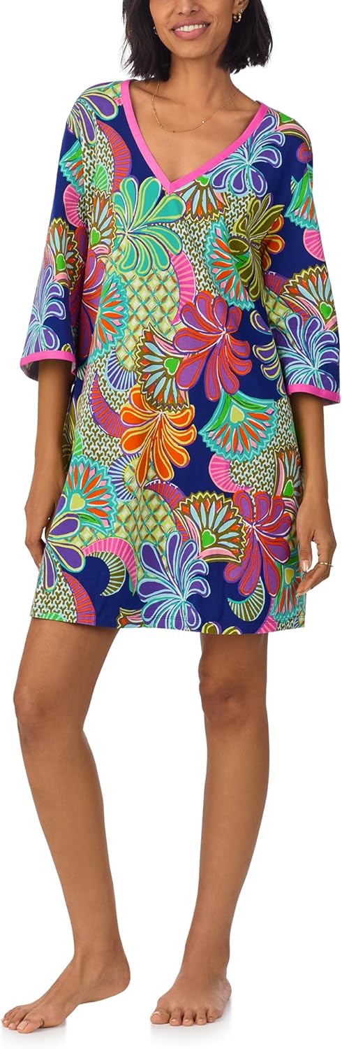 Trina Turk Womens Short Sleeve Caftan, Loungewear for Women, Organic Cotton Sleepwear