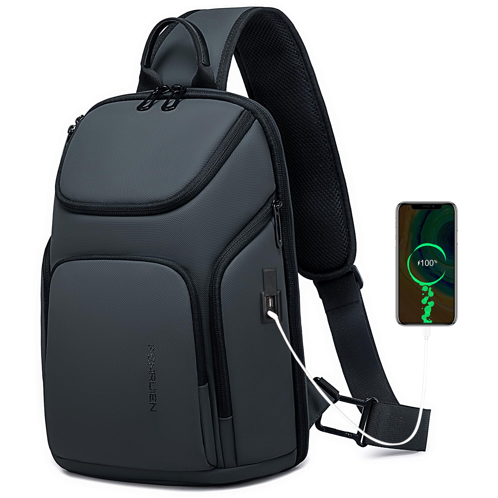 Sponsored Ad - Sling Bag Crossbody Sling Backpack with USB Port, Shoulder Chest Bag for Women Men.（Black/White/Grey）