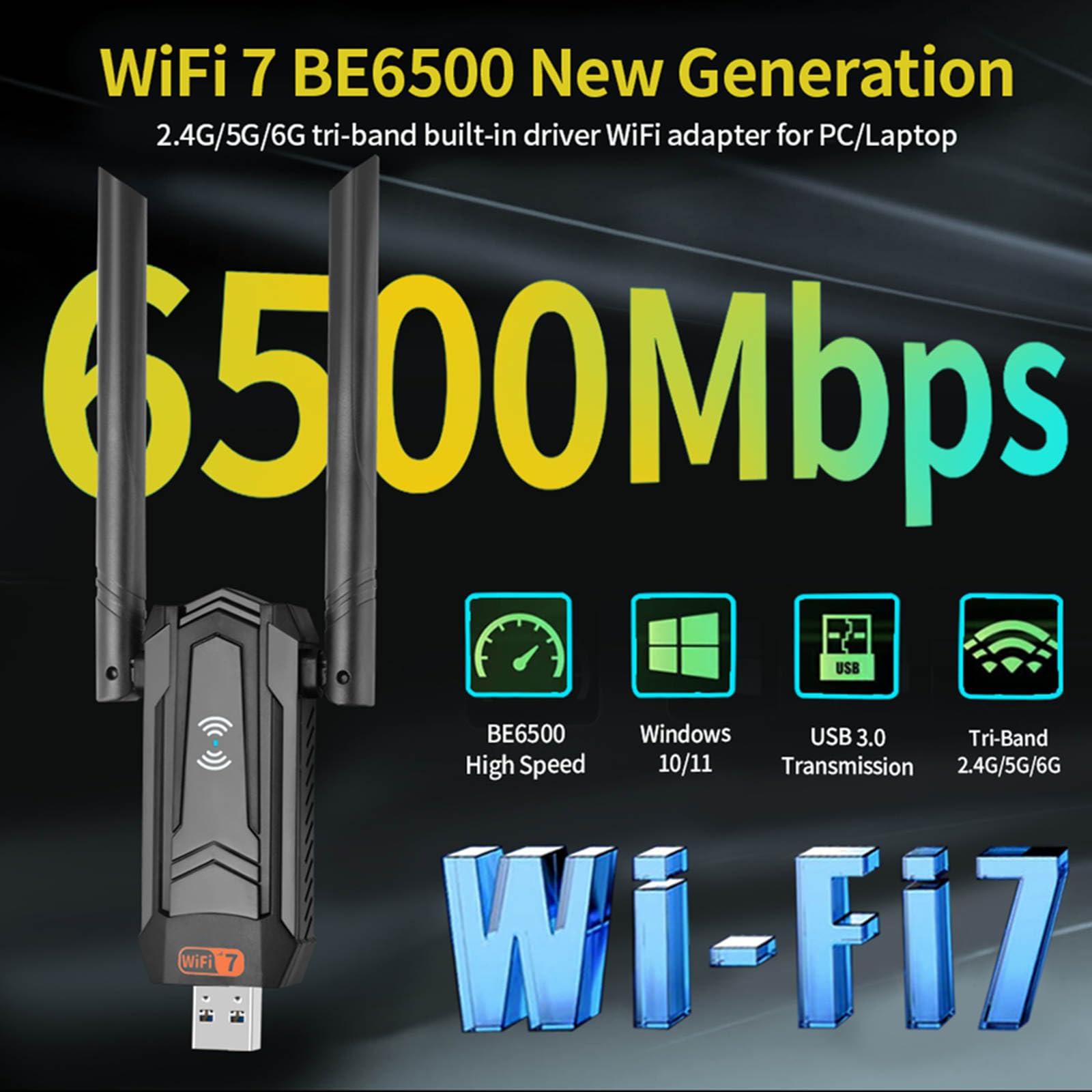 Adattatore USB 3.0 USB WiFi per PC Laptop Desktop 2.4G/5G/6G ad alta velocità 6500Mbps USB WiFi7 adattatore Tri-band