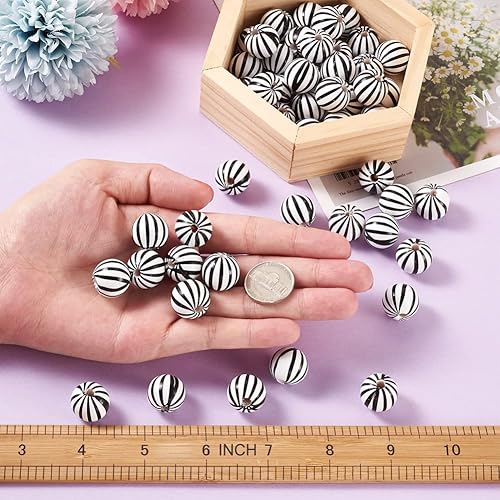 Miniatura 4 de 50 cuentas redondas con patrón de rayas de madera natural, tiras negras de madera blanca, agujero grande, cuentas de bola espaciadoras sueltas de
