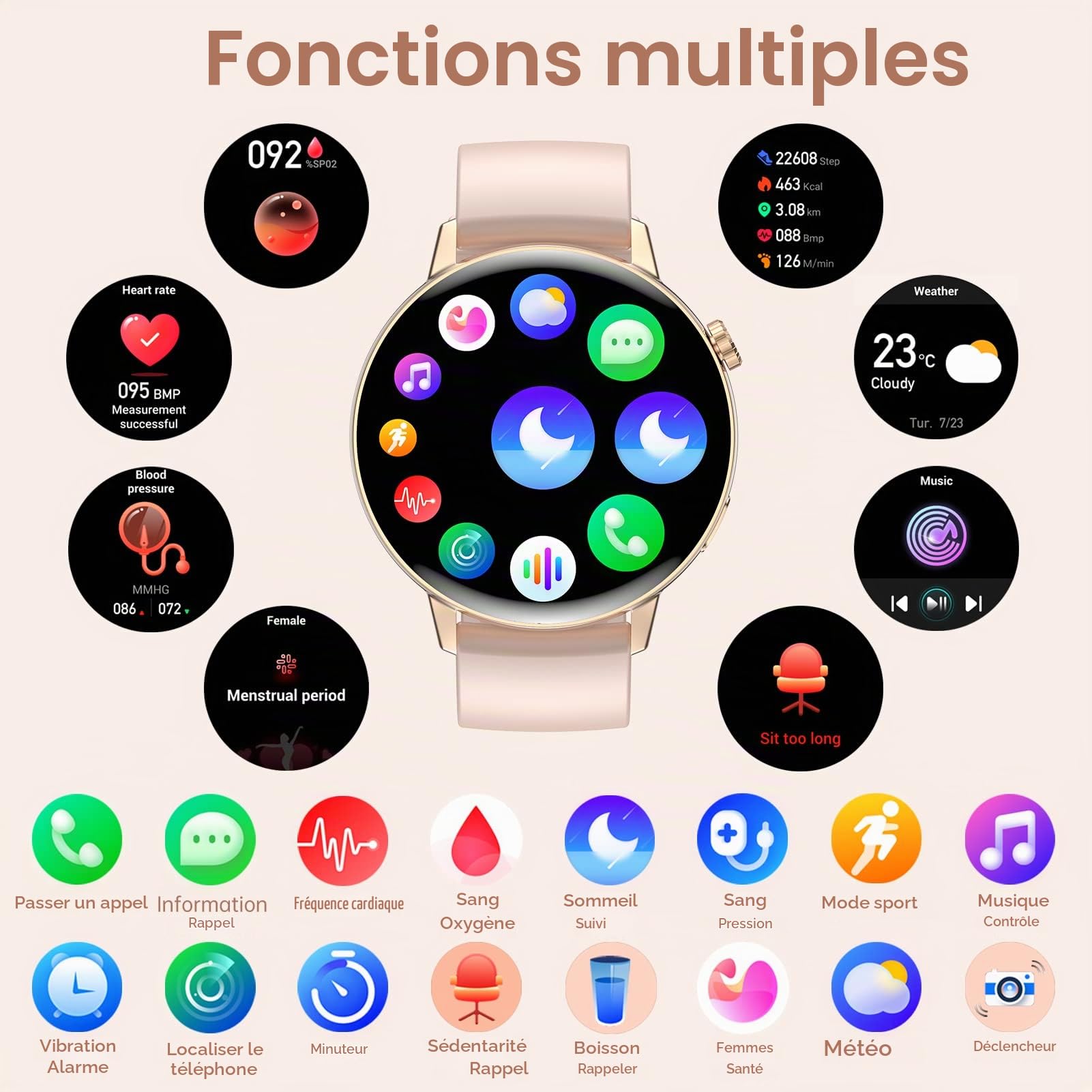 Montre Connectée Femme Appels/Notification Intelligente 1.32" Smartwatch Fréquence Cardiaque Sommeil Oxymètre 3 Bracelets Étanche Trackers d'activité Podomètre Calories Montre Sport pour iOS Android