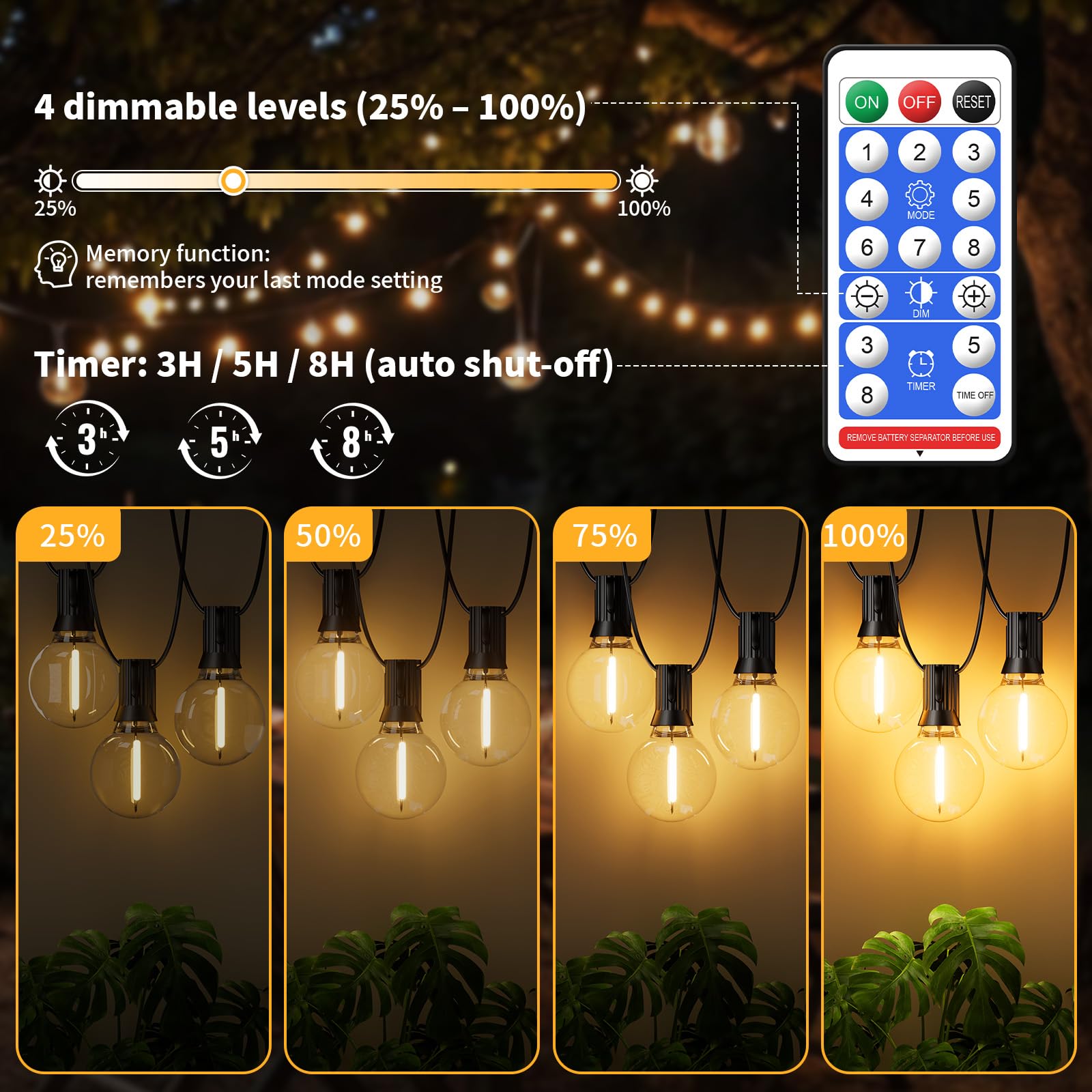 Hoteril 15M Solar Lichterkette Outdoor, 19+2 G40 Glühbirnen Dimmbar, IP65 Wasserdicht USB Laden Lichterkette Außen Solar, 8Modi & Timer LED Solarlichterkette Außen Wetterfest für Garten,Balkon,Party