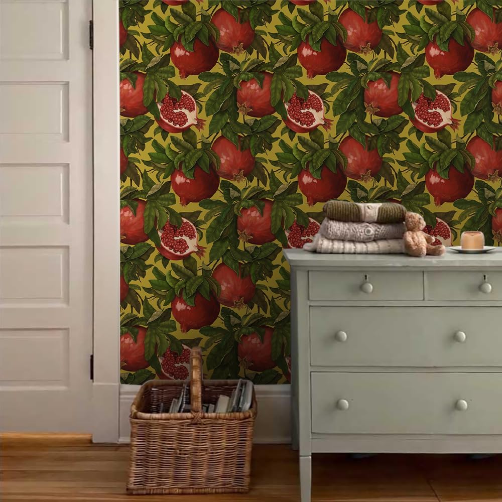 18"x236" Realistic Red Green Fruit Pomegranate Peel and Stick Wallpaper Easy Peel off Contact Paper Vintage Vinyl Self Adhesive Removable Stick on Wall Paper for Kitchen Cabinet Renter Friendly