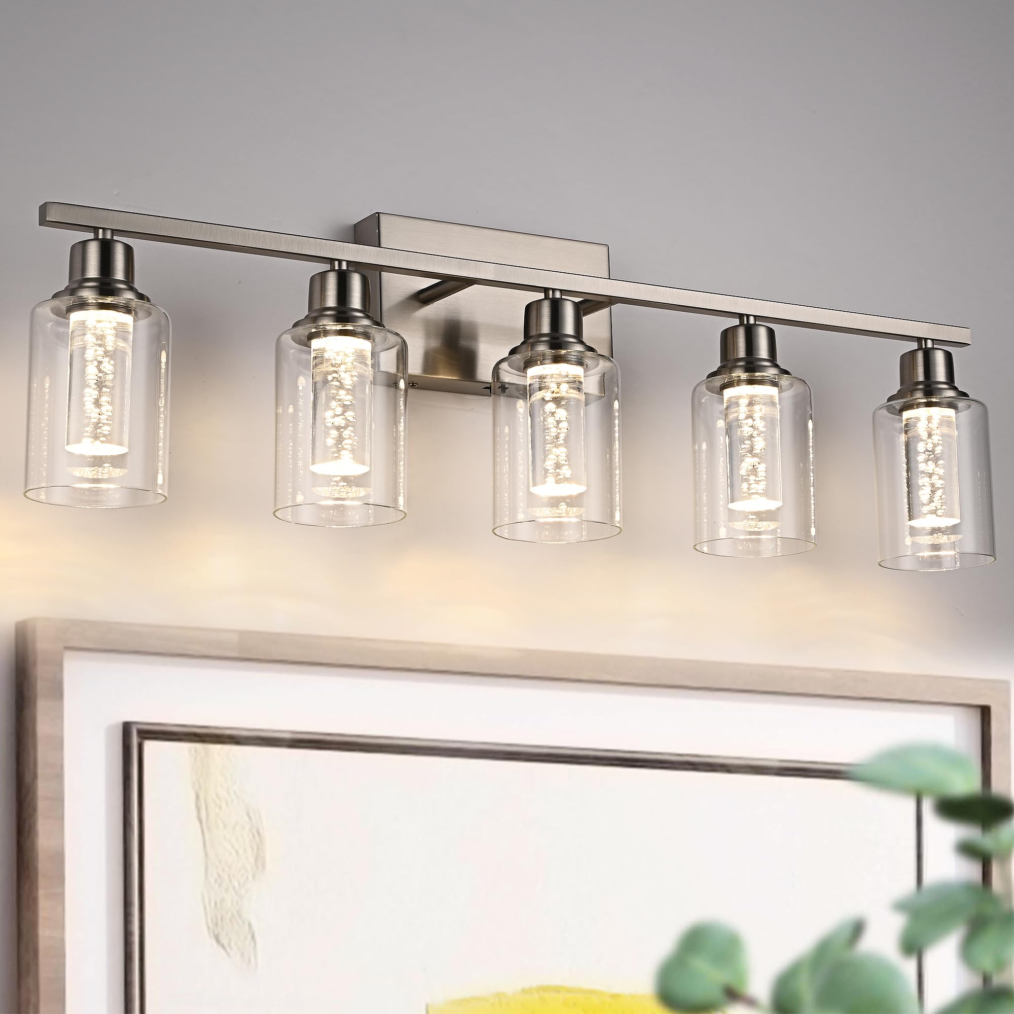 VINLUZ Modern Bathroom Vanity Lighting Brushed Nickel,5 Light Bathroom Light Fixture with Clear Glass Shade and Crystal Bubble, Dimmable Integrated LED Vanity Light(LED Bulbs Included)