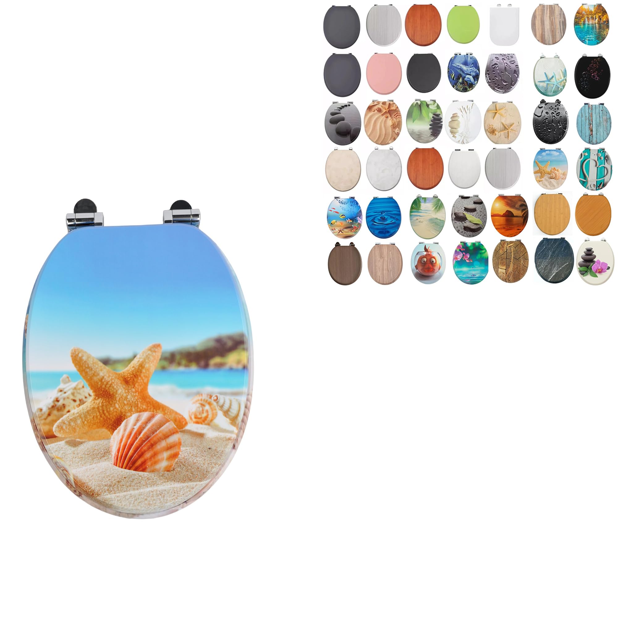 Burakh Beach Starfish & Seashell 18" Mdf Toilet Seat Universal Adjustable Fit Most Toilets Oval Seat┃Bathroom Standard Wooden Mdf Toilet Seat | Wc Seat +Fittings (Beach Starfish & Seashell)
