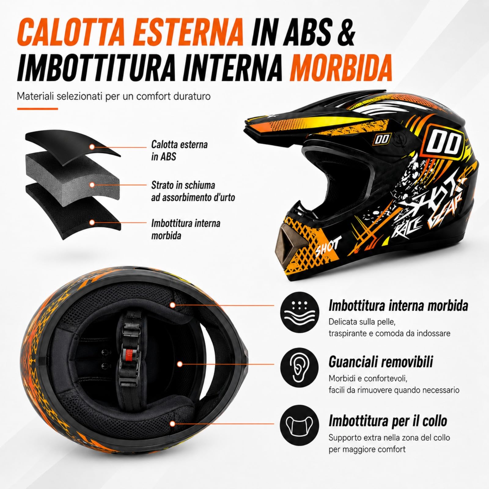 Set Casco Cross Integrale nero e arancione con Occhiali e Guanti