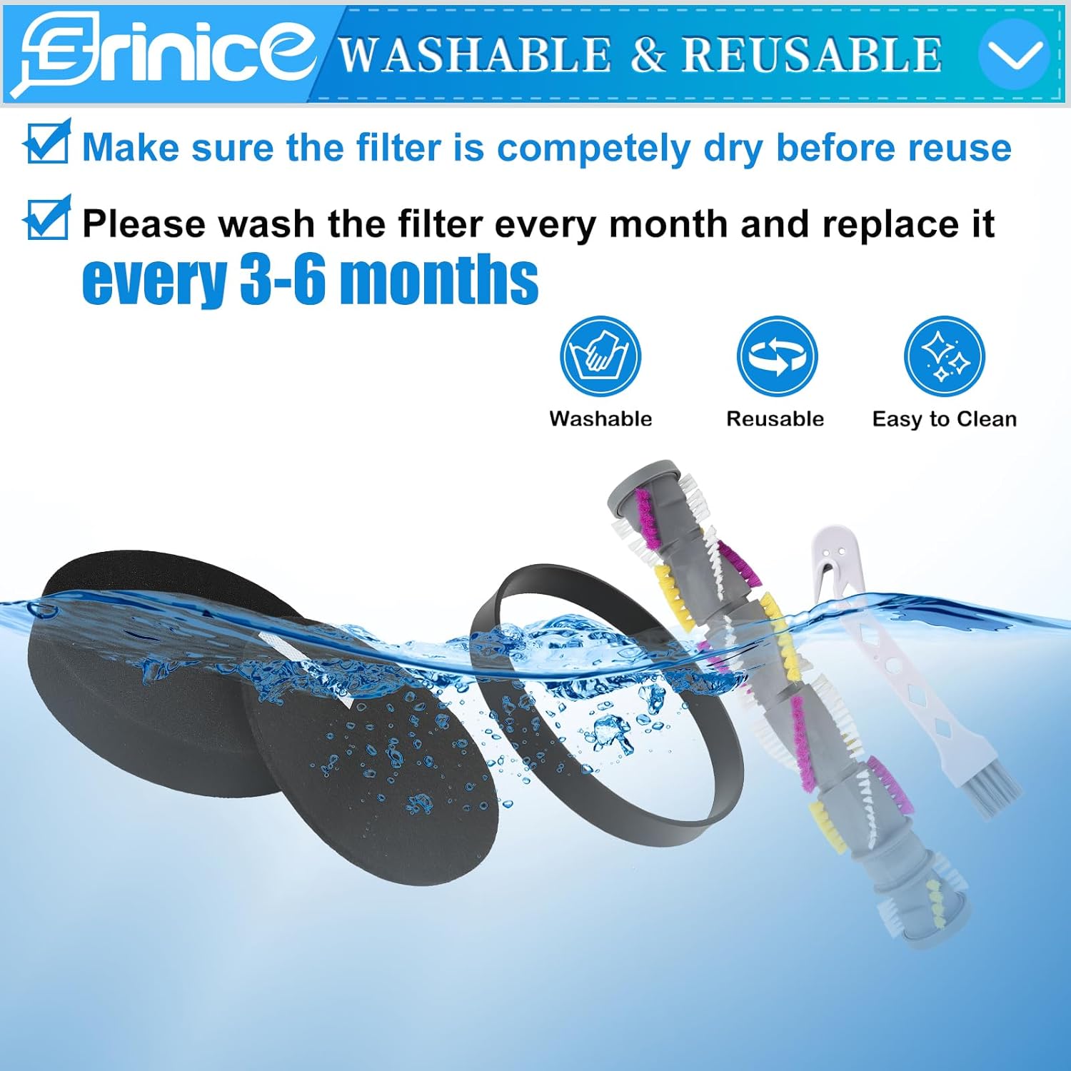 Filter Brush Roll Replacement for Bissell Cleanview Swivel Pet Crosswave 1820 1823 1825 2253 2252 2255 2256 2260 2316 2383 Vacuum Cleaner Parts, 1 brush roll + 2 foam & felt filters + 2 belts