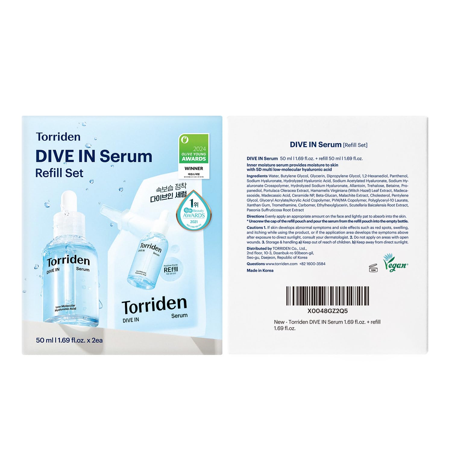 Torriden DIVE IN Serum 1.69 fl oz + refill pouch 1.69 fl oz | Deep Hydration to Get Glow Skin | Hyaluronic Acid, Panthenol, Allantoin | Korean Facial Serum