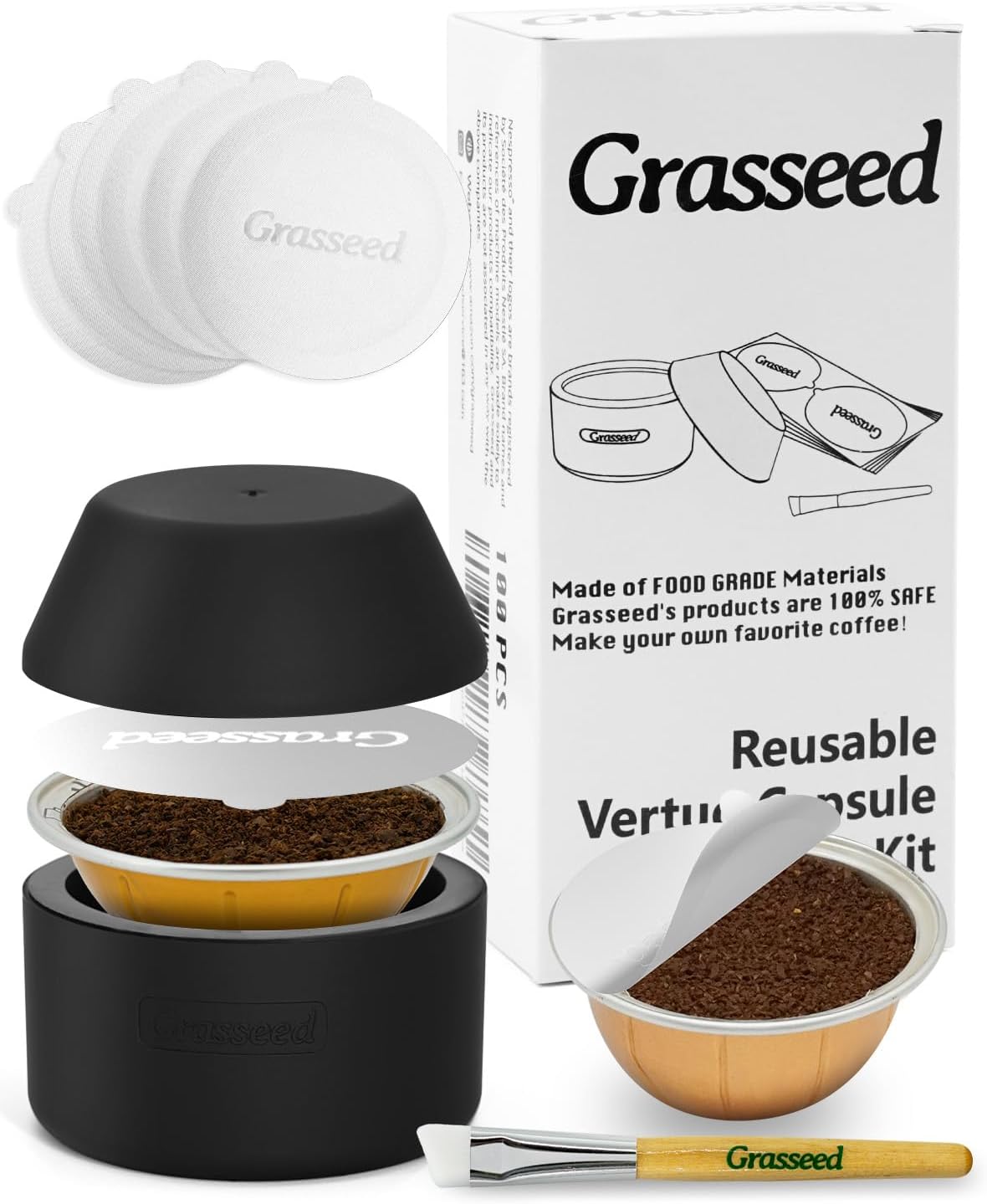 Grasseed Reusable VertuoLine Capsule Kit for Nespresso Pods with 50Pcs Aluminum Foil Seals Lids, Refillable Coffee Pods for VertuoLine to Refill Pods