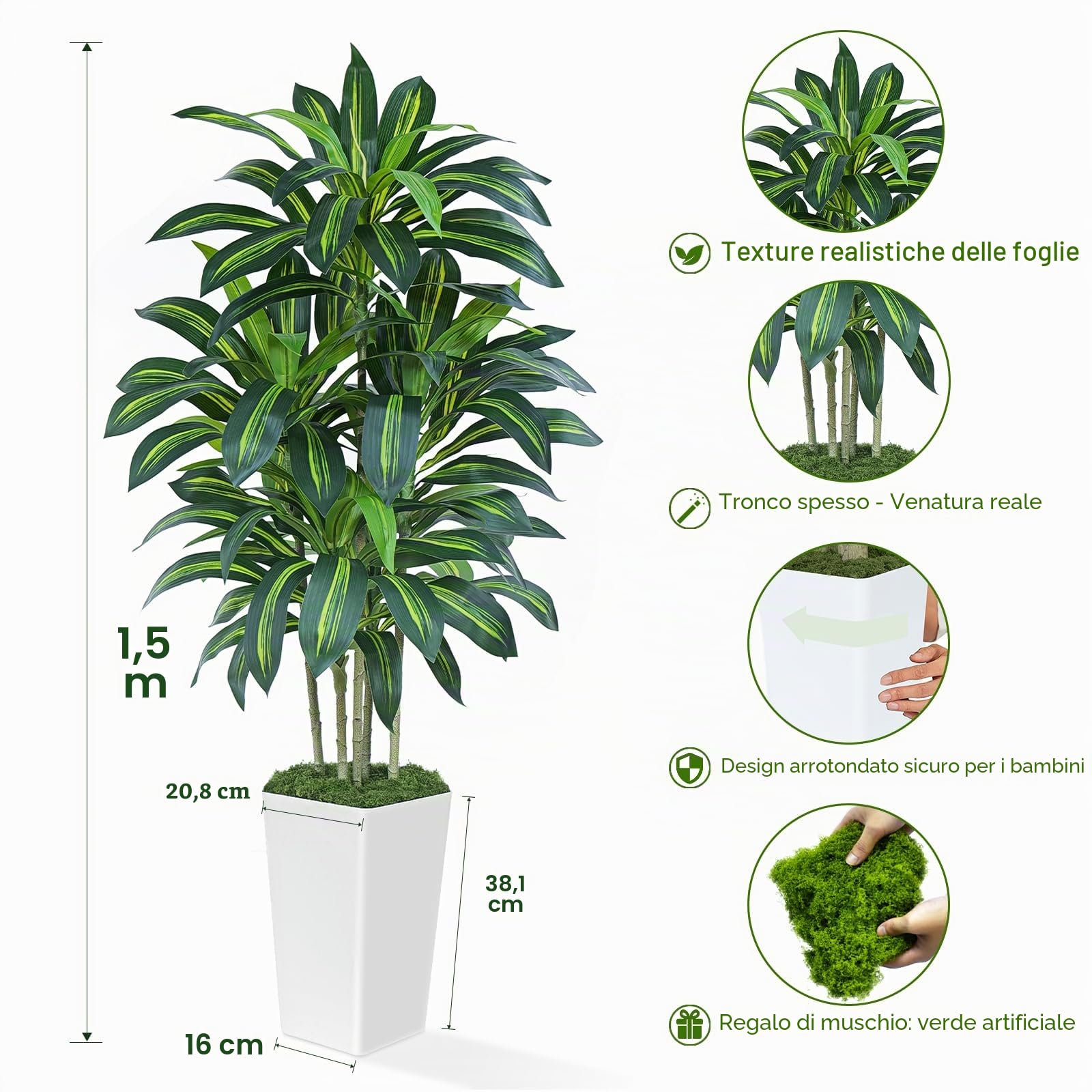 Pianta Finta Dracaena Artificiale 150cm alta con Vaso Bianco, Piante Finte da Interno Grandi Ha 108 foglie, Albero Artificiale Interni Per Soggiorno Ufficio Giardino Dec
