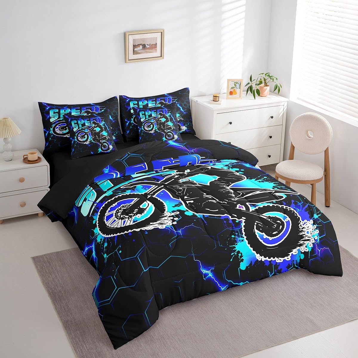 Feelyou Kids Dirt Bike 7 Pieces Bedding Set Queen Size, Extreme Sports Bed in A Bag Boys Girls Racing Motocross Comforter Set with Sheets Motorcycle Teens Bed Set Bedroom Decor 7Pcs