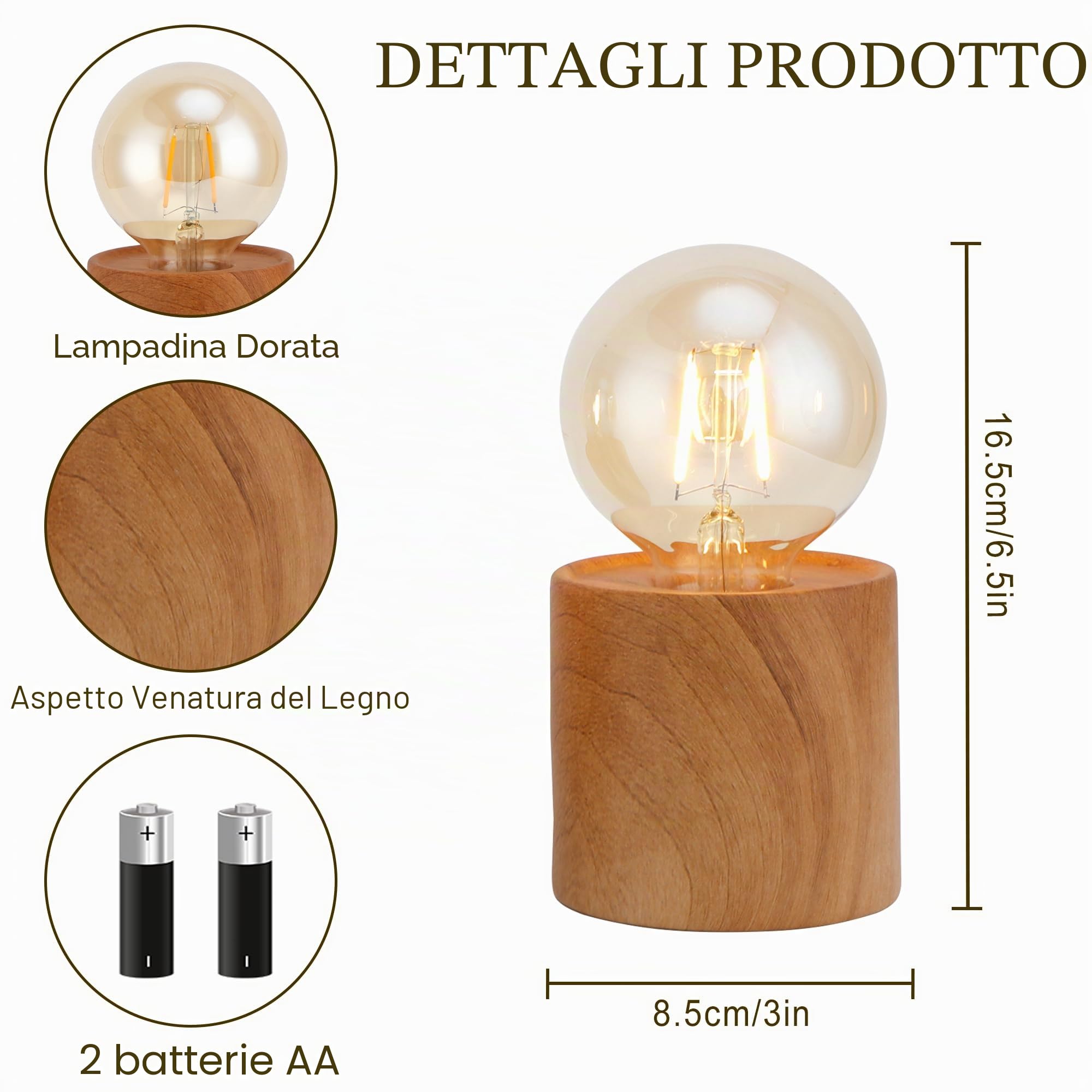 JHY DESIGN Set di 2 lampade da tavolo in legno alte 16,5 cm in ceramica senza fili con lampadina Edison e timer di 6 ore a batteria, ideali per il soggiorno gli interni e gli esterni