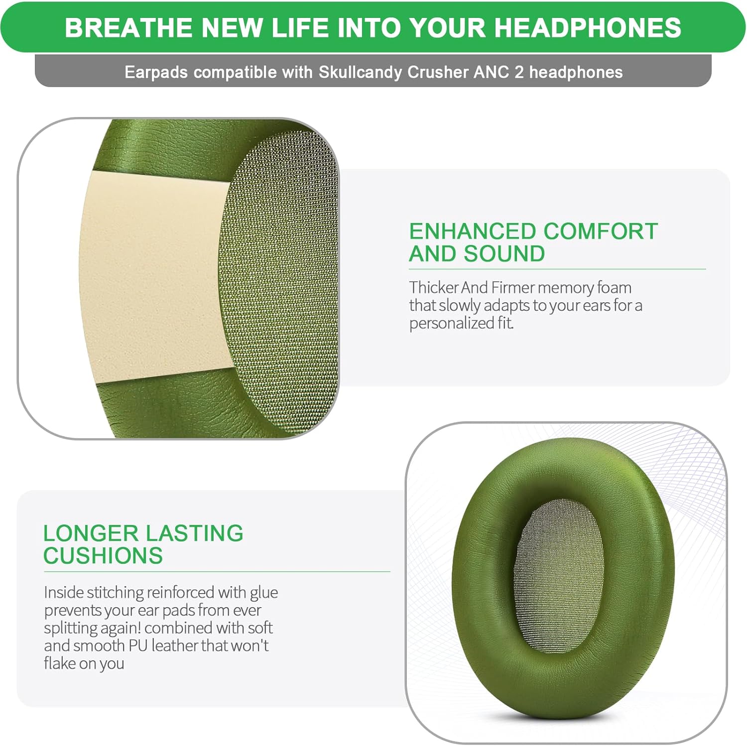 Replacement Earpads for Skullcandy Crusher ANC 2 Over-Ear Noise Canceling Wireless Headphones, Ear Pads Cushions with Noise Isolation Memory Foam(Green)