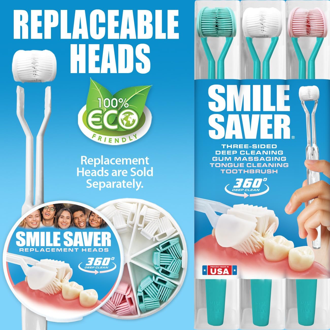 Smile Saver 360° 3-Sided Toothbrush for Kids & Adults | Sustainable U-Shaped Triple Soft Bristle Heads + Tongue Scraper Braces Caregivers Kids Child Adult | Prevention Gum Massage Special Needs | USA
