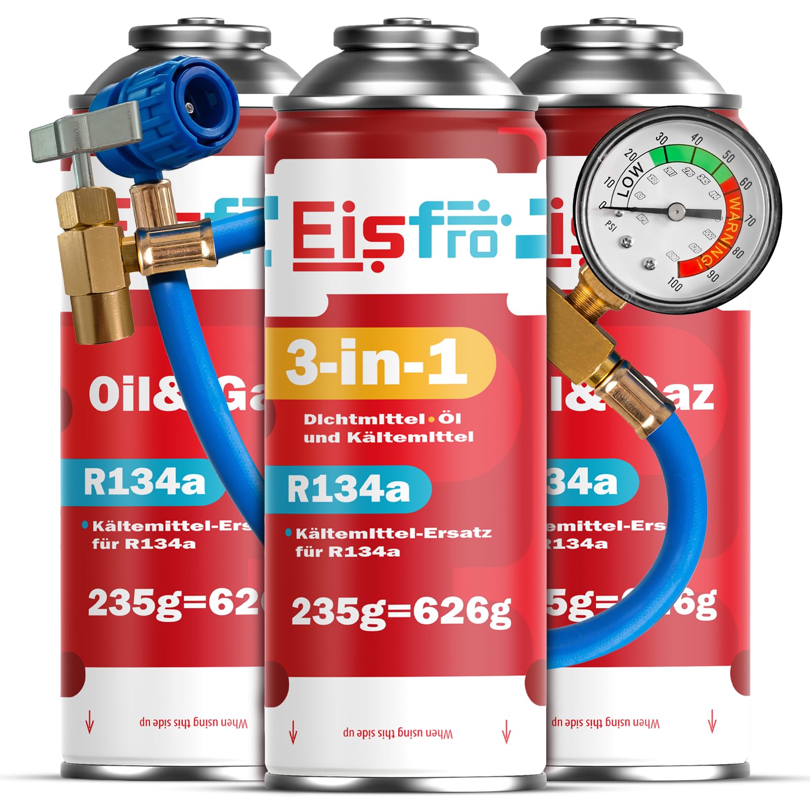 Set mit 1x R134a Ersatzgas und 1x 3in1 Klimaanlagen Kältemittel Dichtmittel Öl mit Füllschlauch – für Auto Klimaanlage – 2 x 235 g