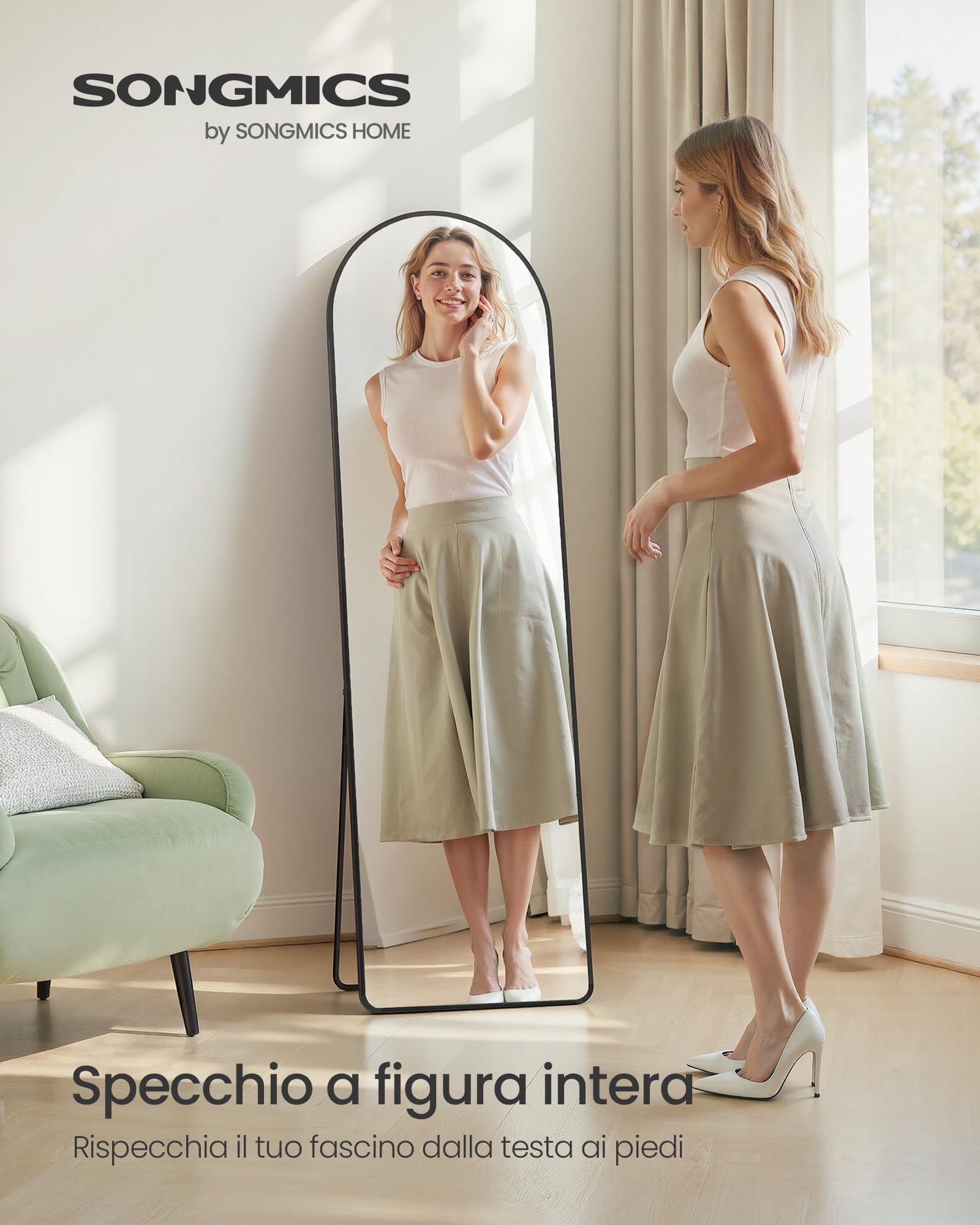 SONGMICS Specchio a Figura Intera, 150 x 40 cm, Specchio da Terra ad Arco con Supporto, Cornice in Lega di Alluminio, Vetro Temperato, Camera da Letto Soggiorno, Nero Inchiostro LFM055BD01