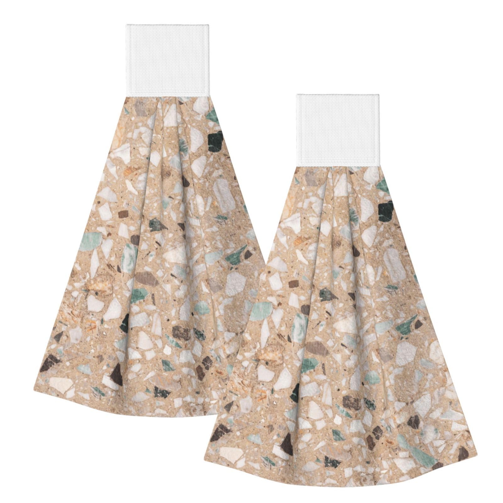 DOPKLNA Terrazzo Natural Stone, 2 Pcs Hanging Coral Fiber Hand Towels for Bathroom, Absorbent Kitchen Towels